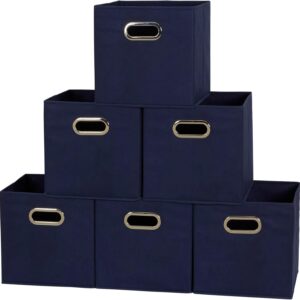 Household Essentials Fabric Storage Bins 6 Piece Set, Strong Poly-Woven Fabric, Sturdy Chipboard Sides, Grommet Front Handle, Stackable and Foldable, Classic Design, Navy