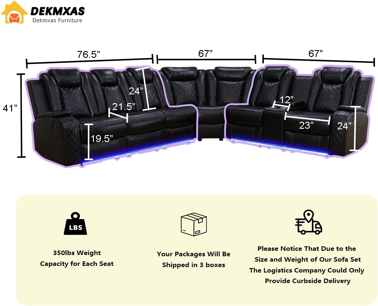 Power Recliner Sectional Sofa Set,Living Room Furniture Sets,Black Leather Sectional Reclining Couch Power Reclining Sofa with LED Light/Storage Console for Living Room - Image 2
