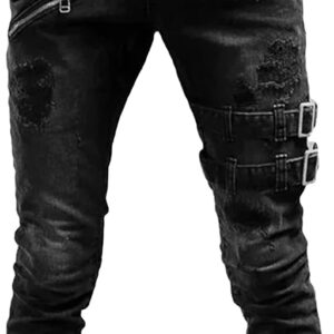Maiyifu-GJ Men’s Distressed Moto Biker Jeans Ripped Punk Gothic Zipper Denim Pants Hip hop Tapered Leg Slim Fit Jean