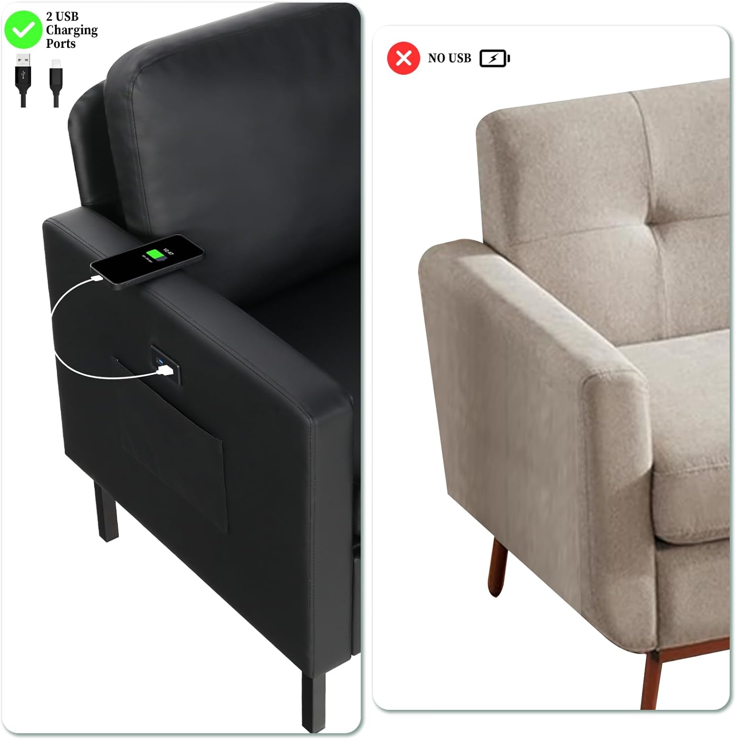 STHOUYN 3 Piece Living Room Furniture Sets, 3 Seat Couch and Loveseat with 2 USB, Single Sofa Accent Chair, Modern Small Couches for Small Spaces (Black 1+2+3) - Image 4