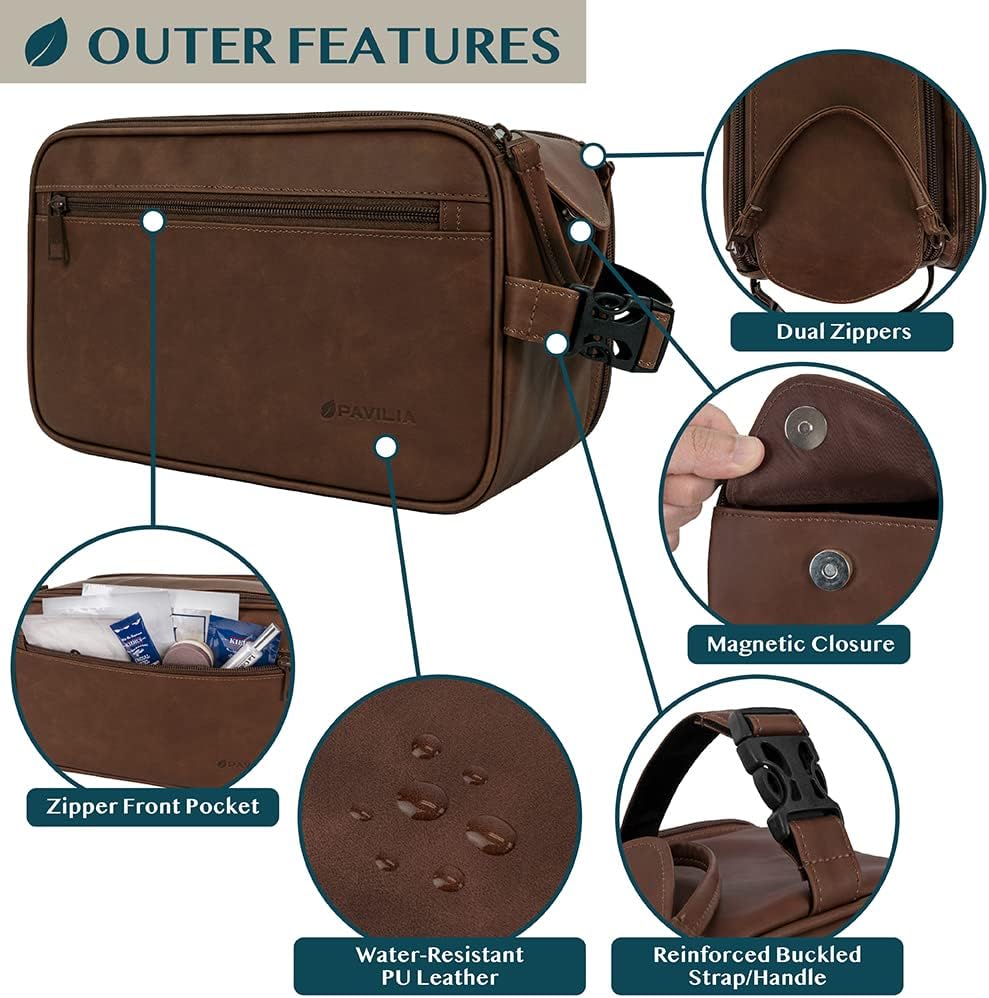 PAVILIA Toiletry Bag for Men, Travel Essentials Shaving Dopp Kit, Mens Travel Bag Toiletries Organizer Case for Grooming, PU Leather Water Resistant Cosmetic Bag Pouch (XL, Dark Brown) - Image 3