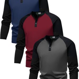 PureChapter 3 Pack Boys Long Sleeve Athletic Shirts Color Blocked Casual Baseball Shirts for Boys