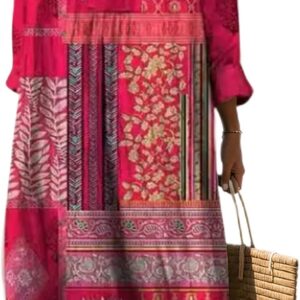 Women’s Boho Smocked Long Sleeve Maxi Dress Summer Casual Loose Floral Beach Vacation Dress with Pockets