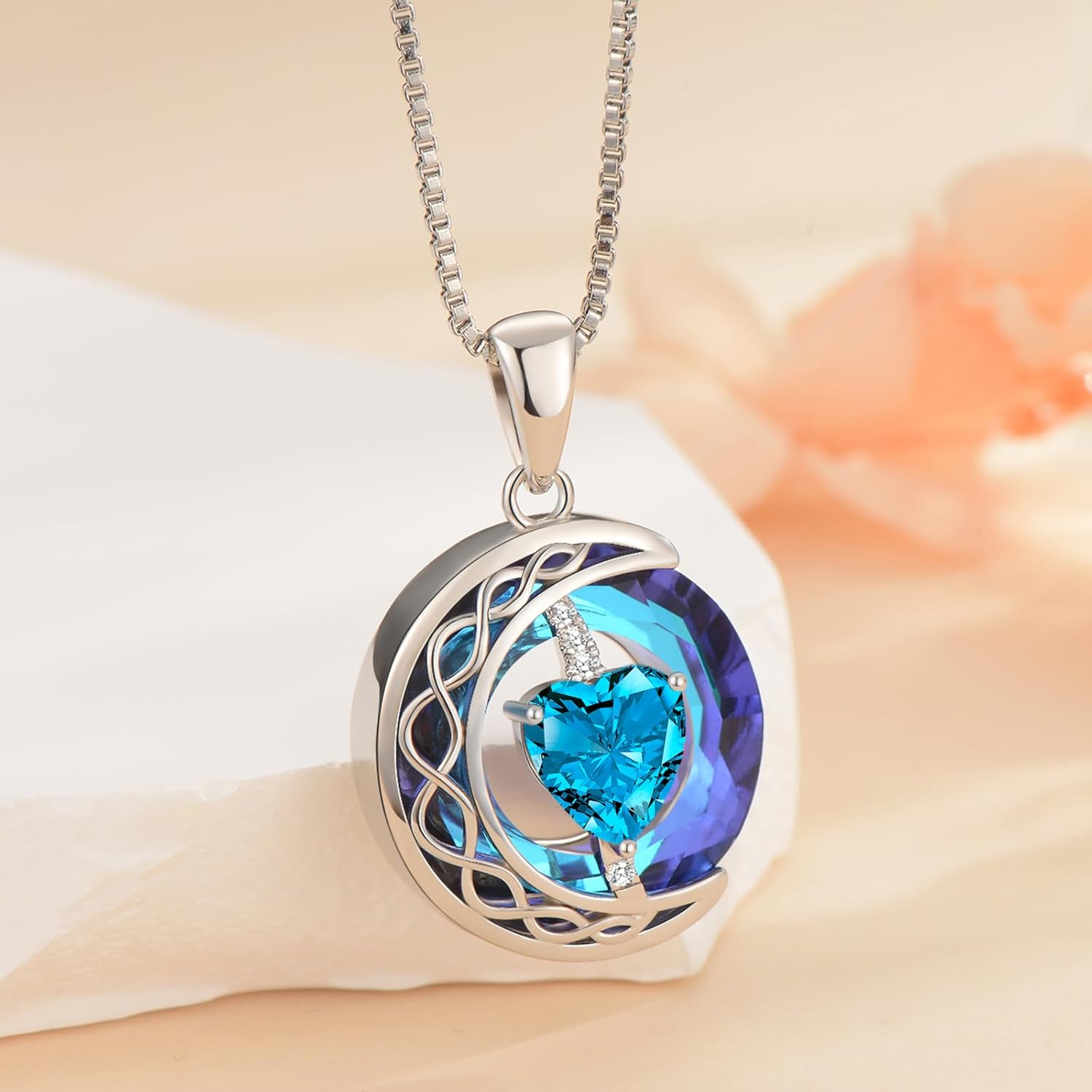 LIANYU Necklace for Womens Blue Sapphire Necklace Moon Pendant S925 Sterling Silver Crystal Jewelry for Women Pendant Birthday Gifts for Wife Gifts Valentine Anniversary - Image 3