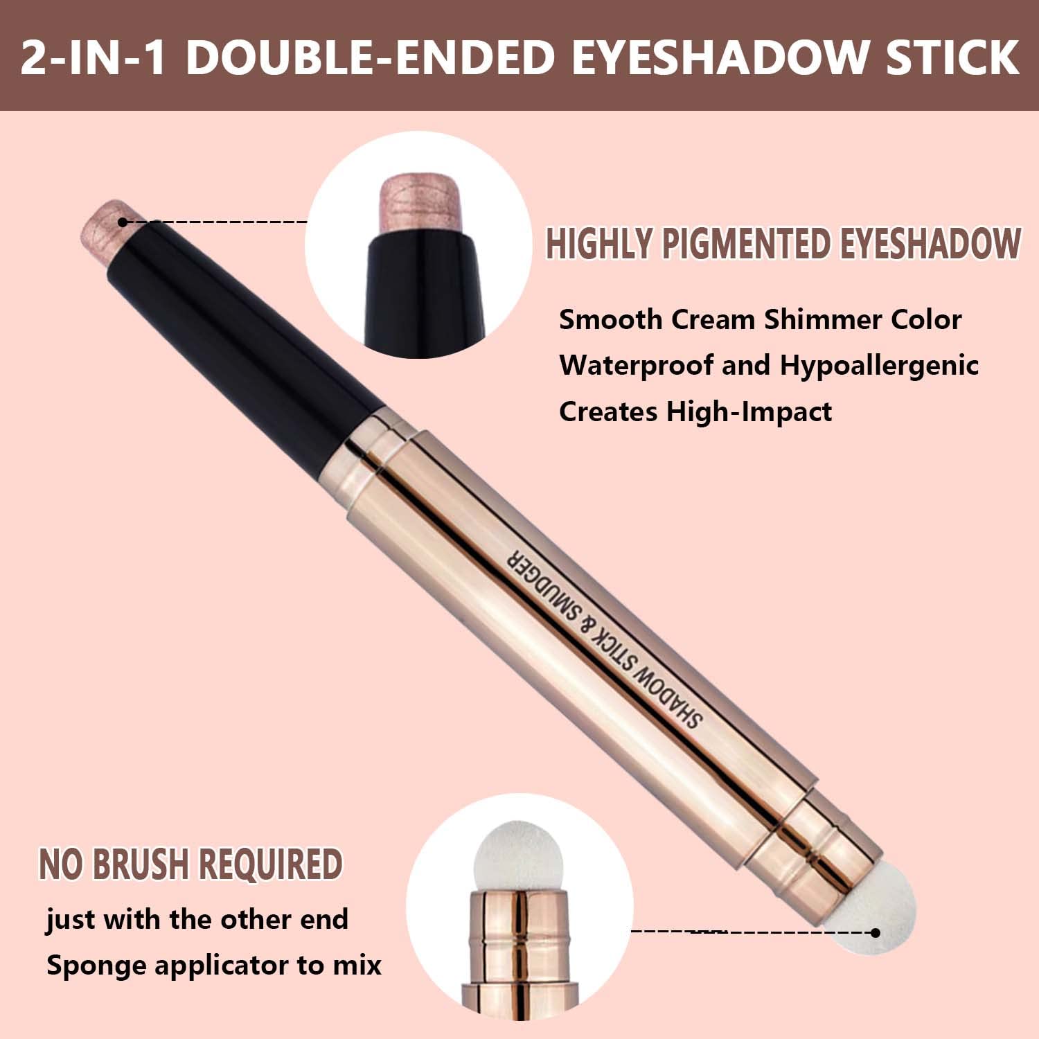 Rose Gold Eyeshadow Stick Makeup, Highlighter Matte Cream Eye Shadow Pencil, Waterproof Hypoallergenic Long Lasting Crayon, Glitter Primer Palette Shimmer Eyeliner Pen wiht Soft Brush - Image 3