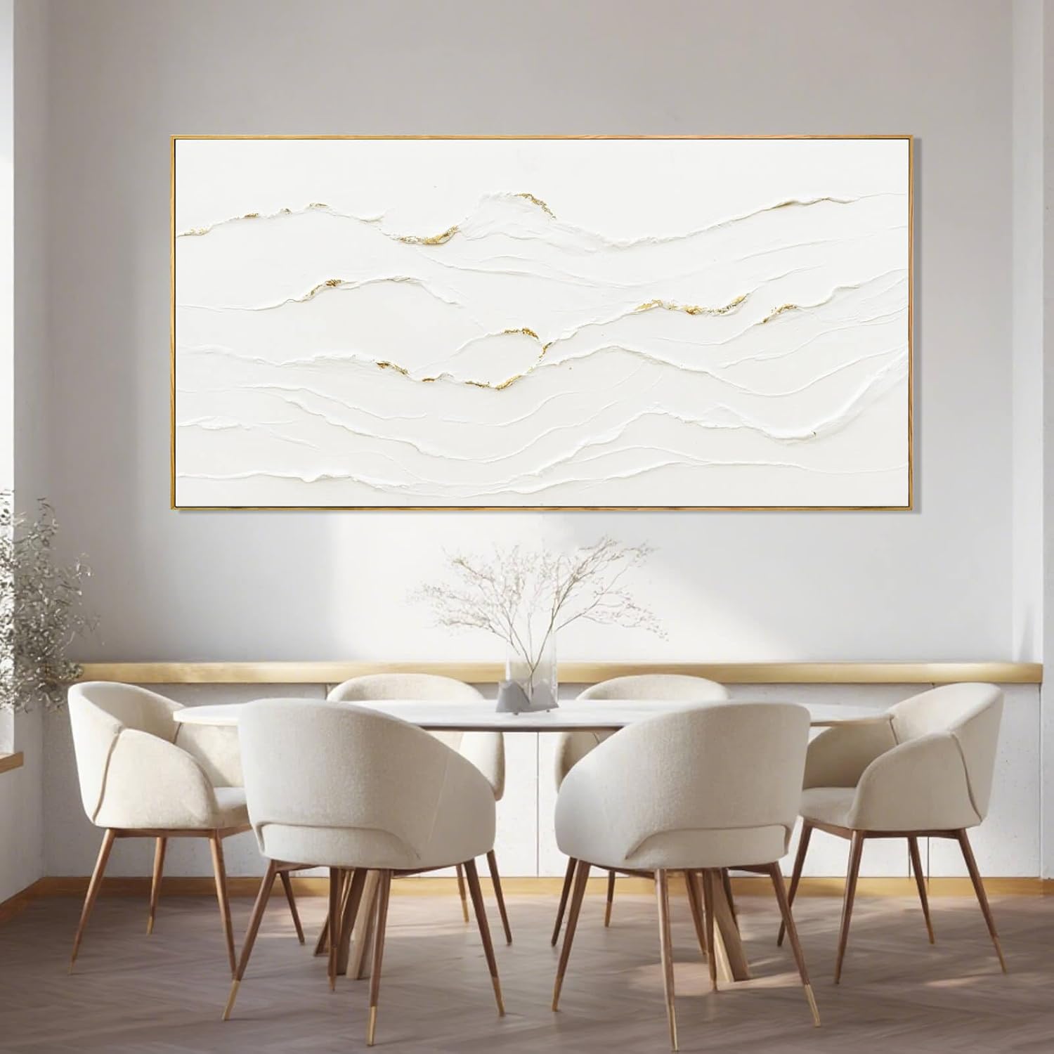 Large Wavy Line White Abstract Wall Art with Frame Minimalist Modern Hand drawn Painting Textured Poster for Living Room Dining Room Bedroom Decor 29"x58" - Image 2