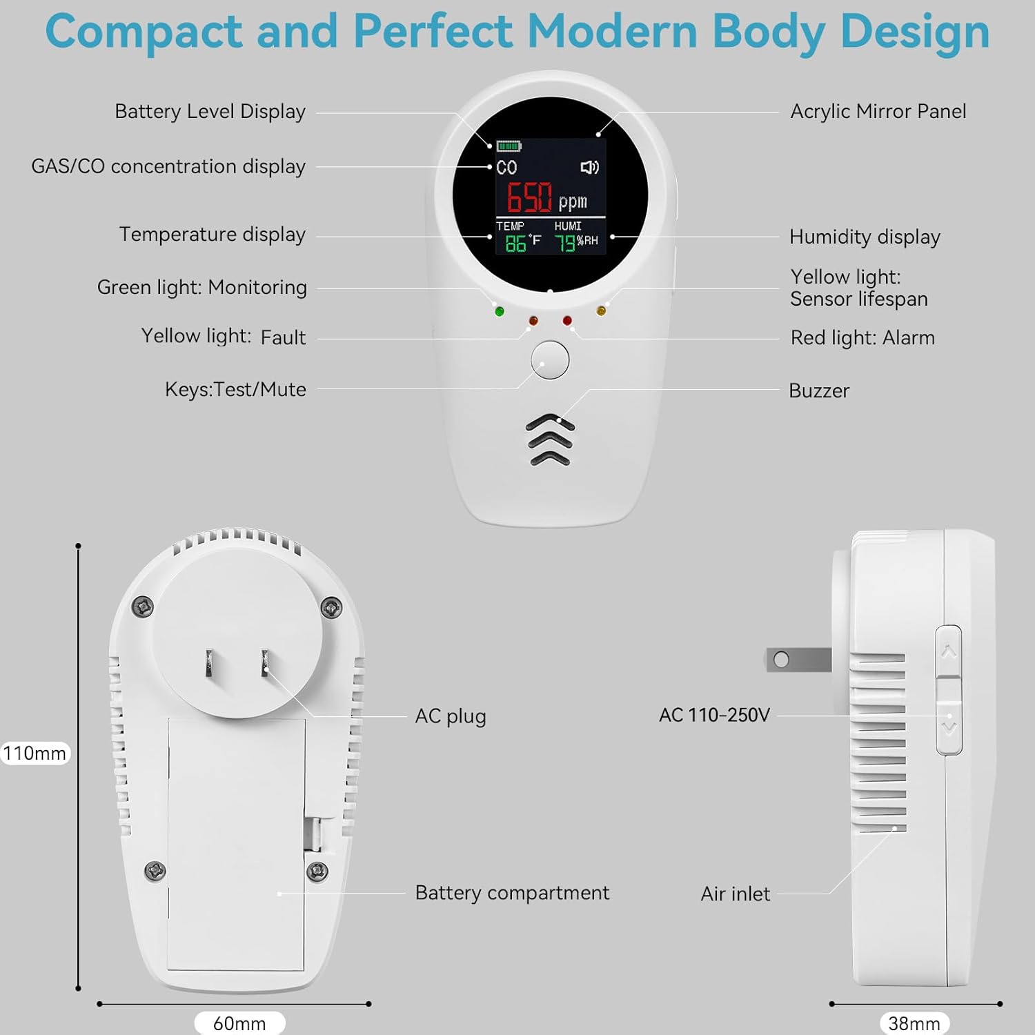 5-in-1 Carbon Monoxide Detectors,Combustible Gas Detector,Plug-in & Built-in Backup Battery,Monitoring CO,Natural Gas,Temperature and Humidity,Clear LCD Screen Sound Light Dual Alarm Detector - Image 3