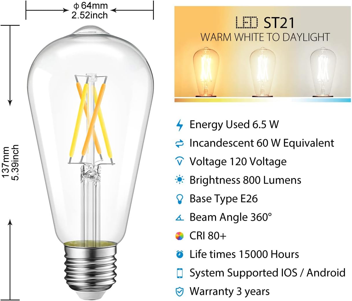 LVWIT WiFi Dimmable Vintage LED ST21 Edison Smart Bulb, 60 Watt Equivalent, E26 Base, 2700K - 6500K, Compatible with Alexa, Google Assistant, No Hub Required,4 Pack - Image 3