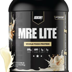 REDCON1 MRE LITE Whole Food Protein Powder, Vanilla Milkshake – Lactose Free & Sugar Free Meal Replacement with Animal Protein Blends – Easy to Digest Formula – Only 1g Carb per Serving (30 Servings)