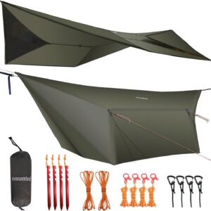 onewind 12×10 ft Hammock Tarp, Ultralight Tarp Silnylon Hammock Rain Fly Lightweight Waterproof Camping Tent Tarp with Doors, Easy to Setup with Stuff Sack, Tent Stakes, OD Green