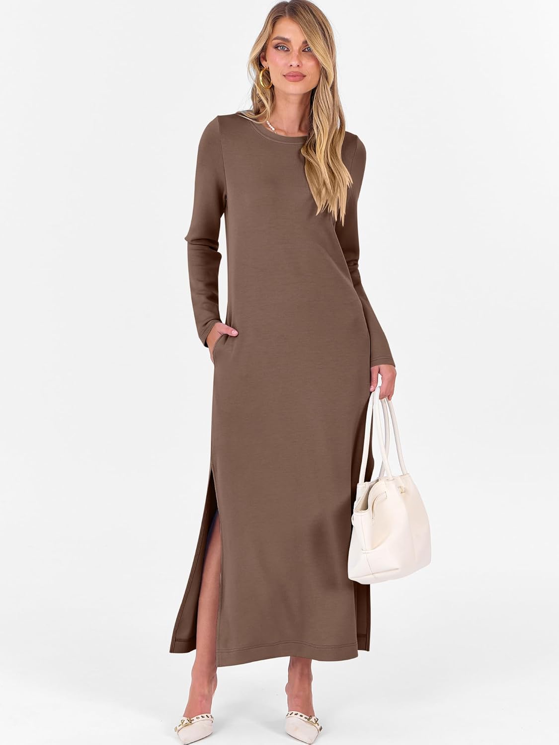 ANRABESS Women Long Sleeve Dresses 2025 Fall Casual Crewneck Loose Fit Split Flowy Wrinkle-Free Travel Vacation Maxi Dress - Image 4