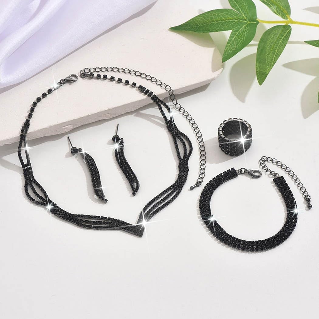 Unicra Rhinestone Bridal Wedding Jewelry Sets Black Necklace Earrings Bracelet Ring Set Prom Formal Costume Jewelry Set for Women and Brides - Image 7