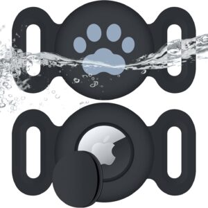 Waterproof Collar Holder Compatible with Airtag (2 Pack), Protective Anti-Lost Case for GPS Tracker, Silicone Collar Holder for Pets (Black/Black)