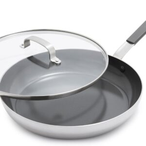 GreenPan x Bobby Flay Stainless Steel 12” Frying Pan Skillet & Glass Lid, Professional Grade Tri-Ply, Multiclad, PFAS-Free Ceramic Nonstick, Induction Suitable, Dishwasher & Oven Safe,Stay Cool Handle