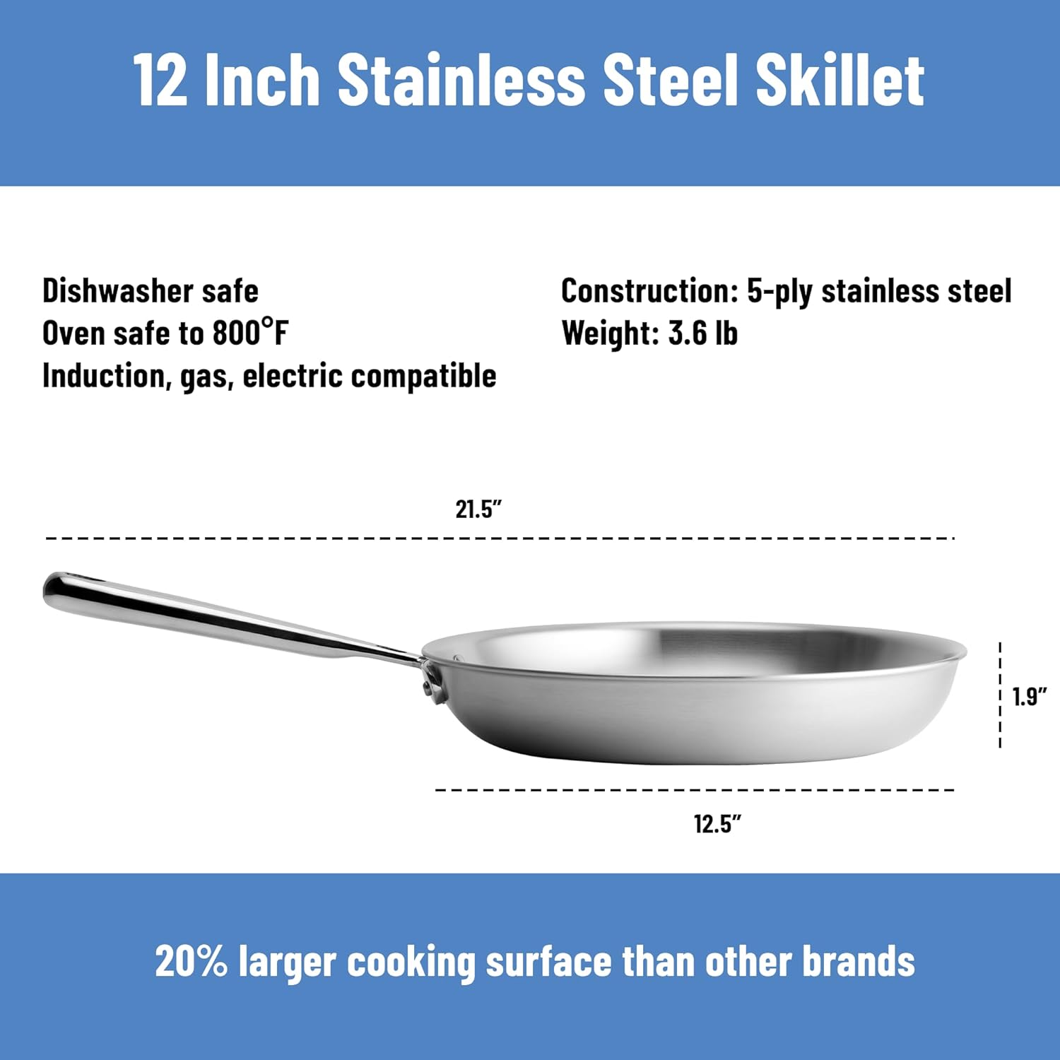 Misen 5-Ply Stainless Steel 12" Frying Pan - Professional Cookware for Induction, Gas and Electric - Dishwasher Safe, Oven Safe to 800°F - Durable, Versatile, Even Heating - Image 7