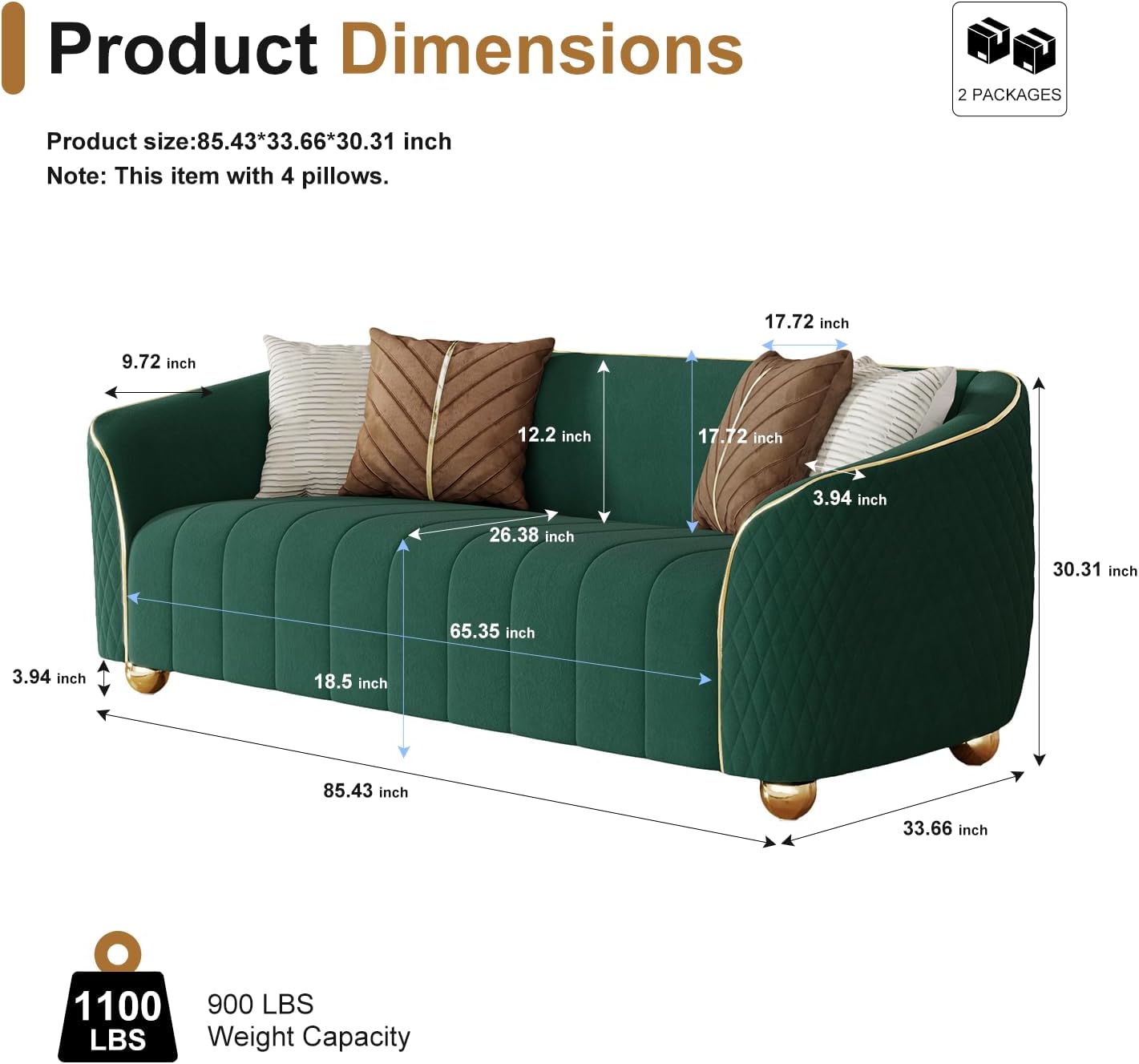 "85" 3-Seater Velvet Sofa - Modern Plush Spring Cushion, Solid Wood Frame, Spacious Deep Seat for Small Spaces, Family Living Room & Office (Green, 3S) - Image 2