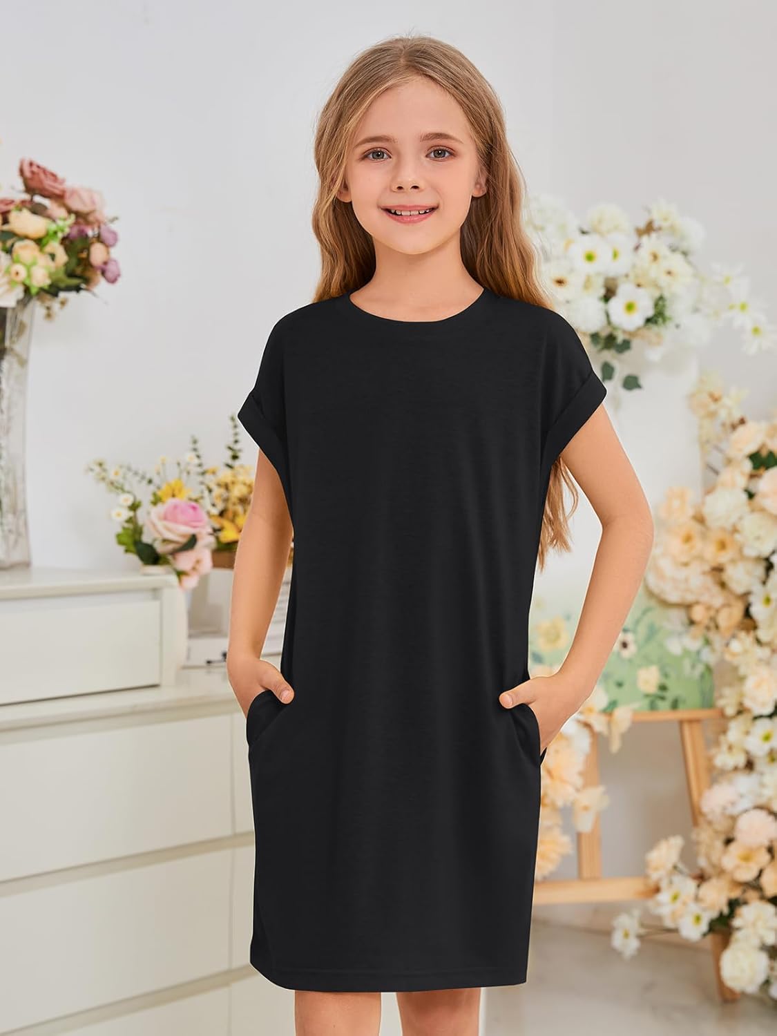 ZDC Girls Cap Sleeve Dresses Kids Spring Summer Casual Basic Crewneck Dress with Pockets 5-14 Years - Image 6