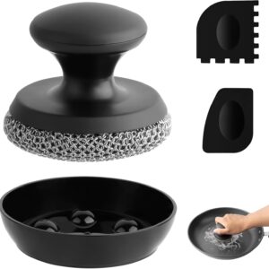 Cast Iron Scrubber Cleaner, Chainmail Scrubber for Cast Iron Pan Skillet, Dish Scouring Pad, 316 Stainless Steel Brush/Scraper for Metal Skillet Scrubbing, Wok, Dutch Oven Cleaning Kit – Thin Mesh