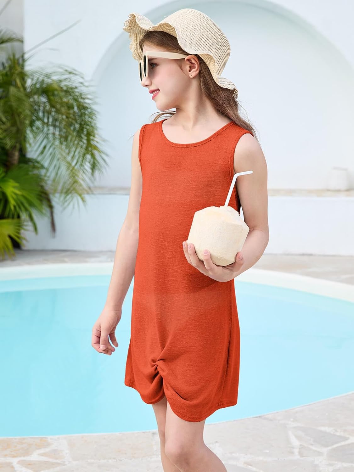 Haloumoning Girls Sleeveless Swim Cover Up Kids Summer Swimsuit Coverup Twist Front Beach Dress 5-14Y - Image 5
