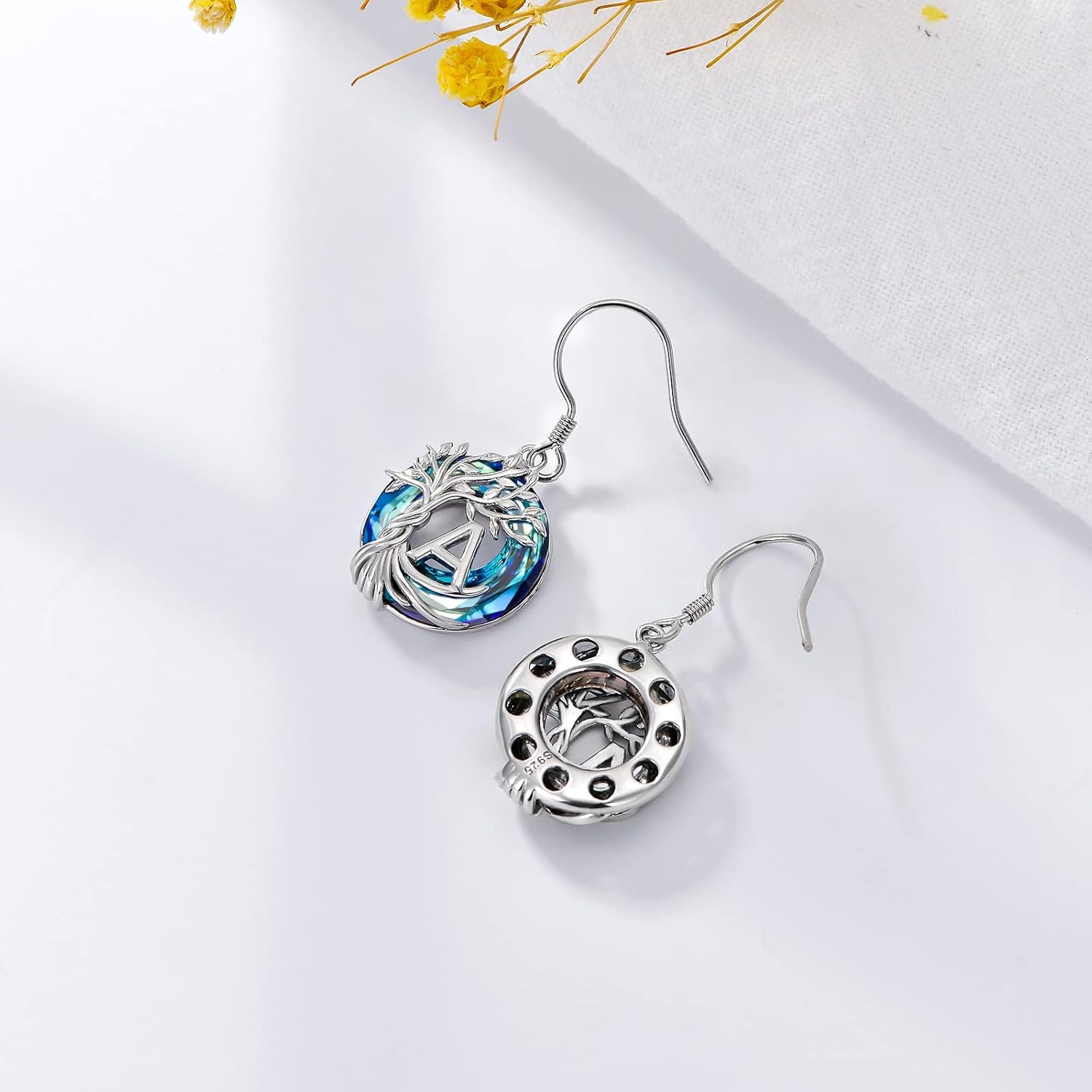 TOUPOP Tree of Life Initial Earrings 925 Sterling Silver A-Z Letter Drop Dangle Earrings Blue Circle Crystal Jewelry Birthday Christmas Gifts for Women Her Girlfriend Mom - Image 5