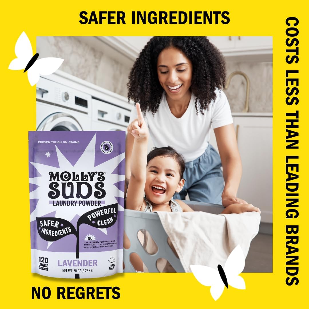 Molly's Suds Original Laundry Detergent Powder | Clean Laundry Detergent Powder for Sensitive Skin | Simple, Effective Ingredients, Stain Fighting | 120 Loads (Lavender) - Image 3