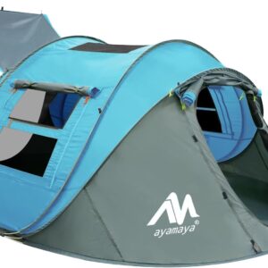 4 Person Pop Up Tents for Camping – AYAMAYA Waterproof Instant Family Tents with Skylight & Removable Rainfly, Upgraded Large Size with 2 Doors -Automatic Easy Setup Beach Tent with Poles