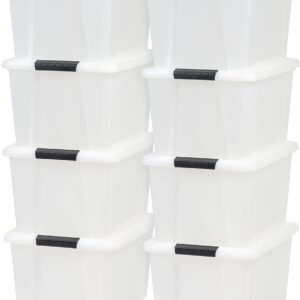 IRIS USA 33 Qt Stackable Plastic Storage Bins with Lids, 8 Pack – BPA-Free, Made in USA – Discreet Organizing Solution, Latches, Durable Nestable Containers, Secure Pull Handle – Pearl