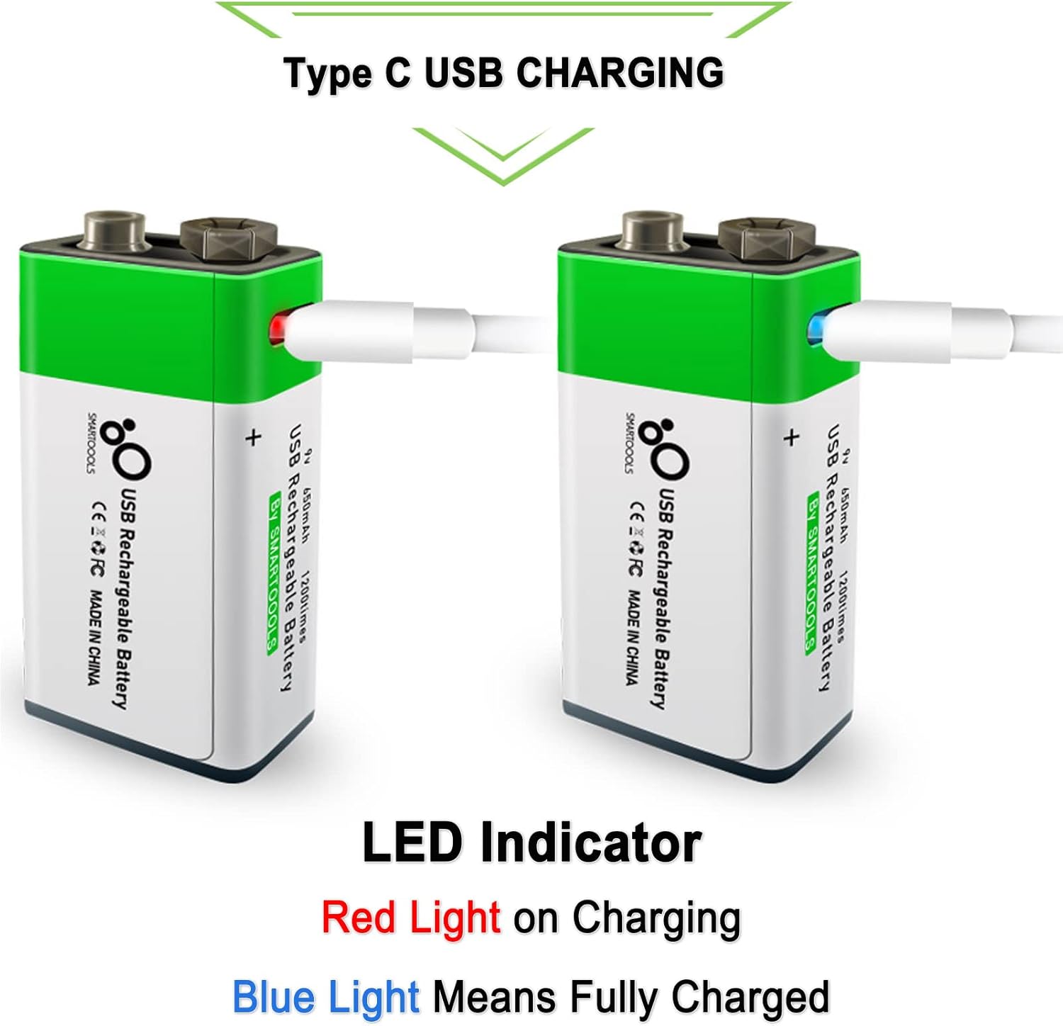4 Pack 9v Batteries,9 V Battery for Smoke Alarms,9volt Battery for Smoke Detector, USB Type C Rechargeable Lithium Square Rechargeable 9 Volt Batteries with Charger - Image 2