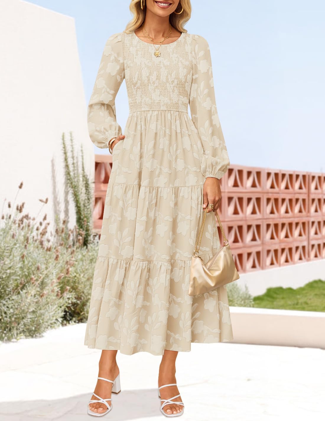 ZESICA Women's Fall Boho Floral Midi Dress 2026 Casual Long Sleeve Crewneck Flowy Wedding Guest Long Dresses - Image 8