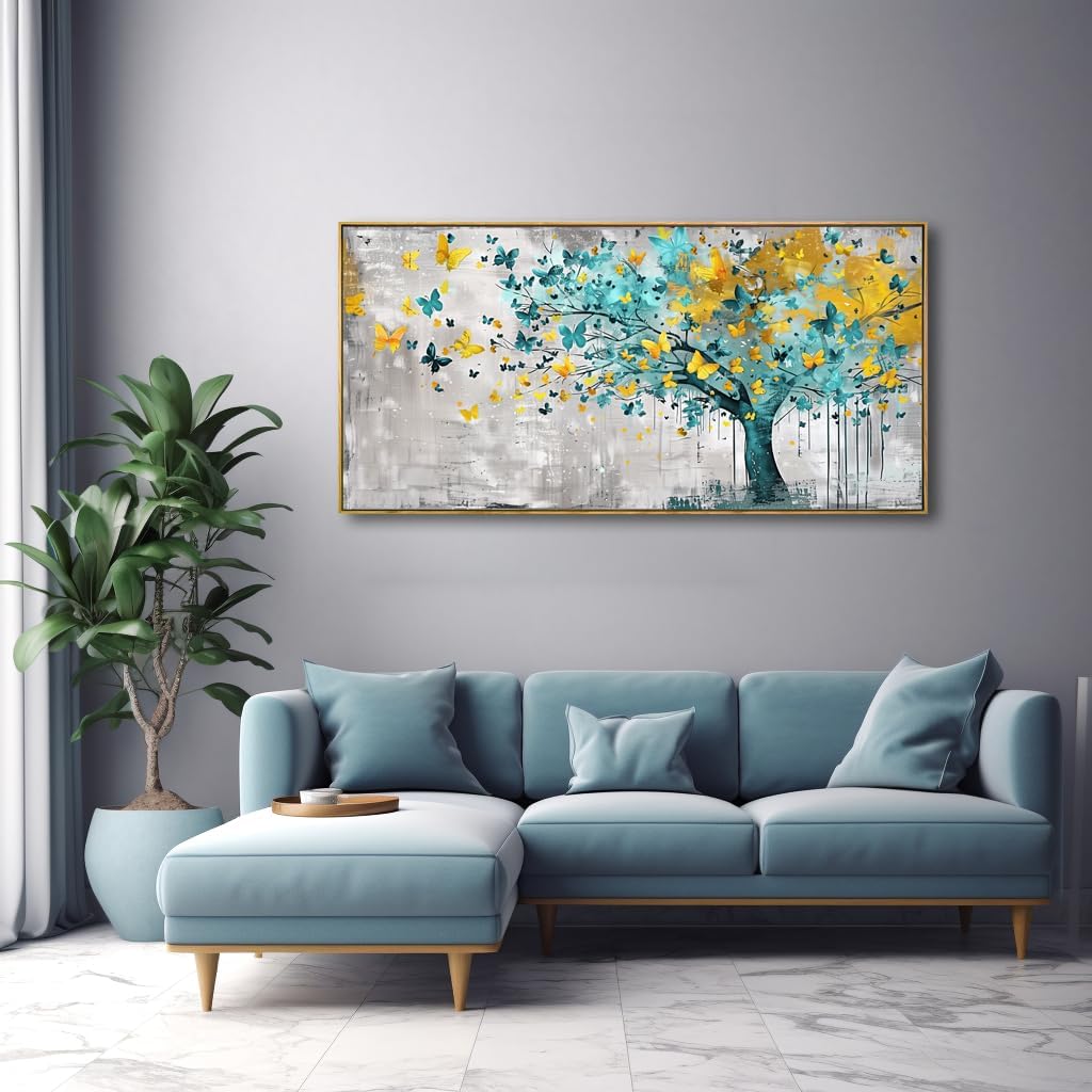 Wall Art Tree of Life Wall Decor Abstract Graffiti Teal Blue and Yellow Butterflies Canvas Painting for Bedroom Living Room Dining Room Home Office Decor 20"x40" with Framed - Image 7