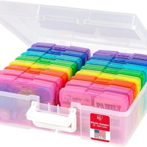 IRIS USA 4″ x 6″ Photo Storage Box Craft Keeper, Transparent Handle Container with 16 Organization Holder Cases for Pictures, Tasks, Scrapbooking, Ephemera, Stationery Storage, Multi-Color/Clear