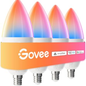 Govee E12 Led Bulb, Smart Light Bulbs Work with Matter, Alexa, Google Assistant, WiFi Candelabra Bulbs 40 Watt Equivalent, RGBWW Color Changing Light Bulb, 2.4Ghz Only, 450 LM, 4 Pack