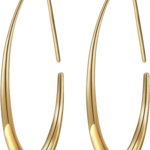 Lightweight Teardrop Hoop Earrings for Women – 14k Gold/White Gold Plated Large Oval Pull Through Hoop Earrings High Polished Statement Jewelry Gift for Women