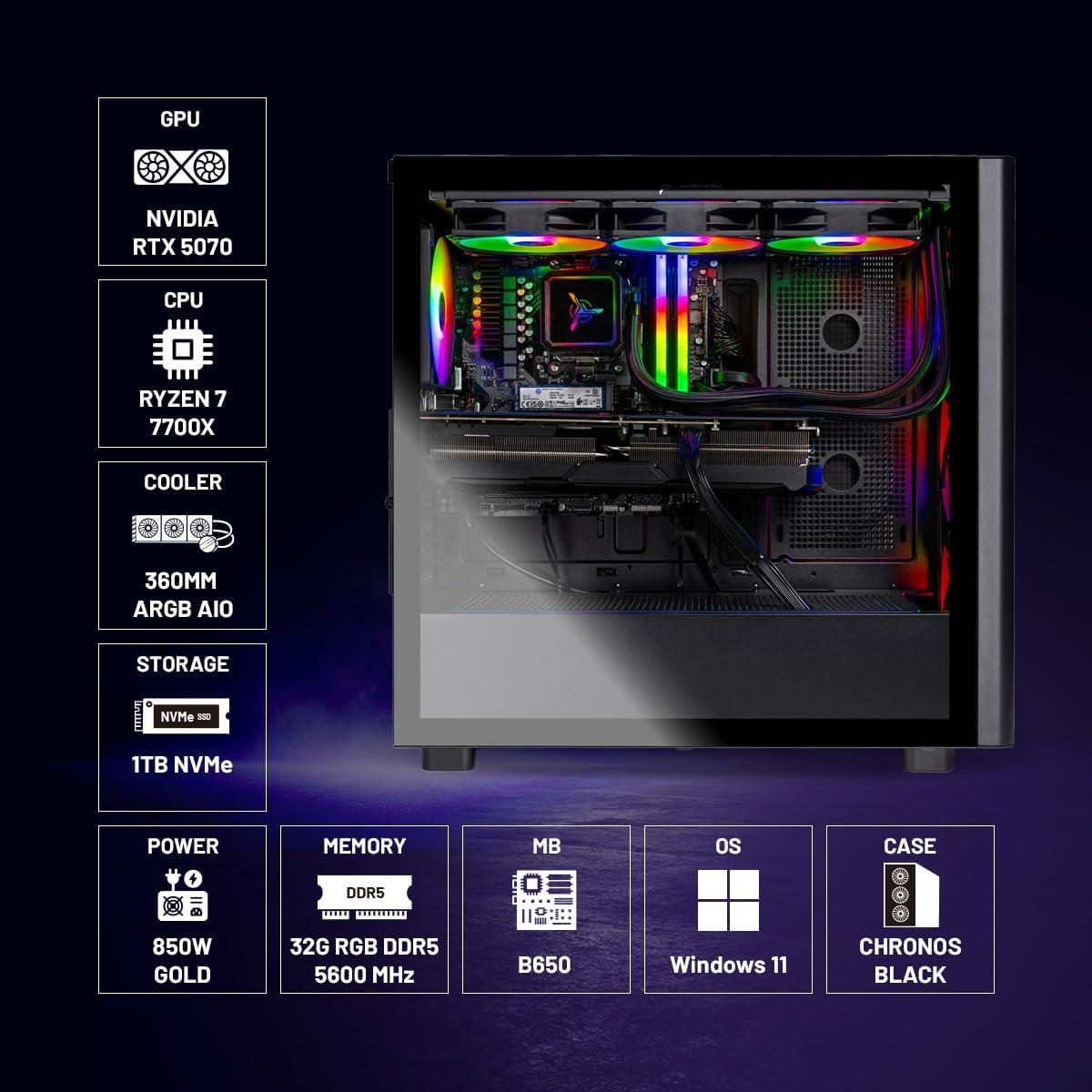 Skytech Gaming Chronos 3 Desktop PC, Ryzen 7 7700X 4.5 GHz (5.4GHz), NVIDIA RTX 5070 12GB, 1TB NVMe SSD, 32GB DDR5 RAM 5600 RGB, 850W Gold PSU, 360mm ARGB AIO, Wi-Fi, Win 11 - Image 6