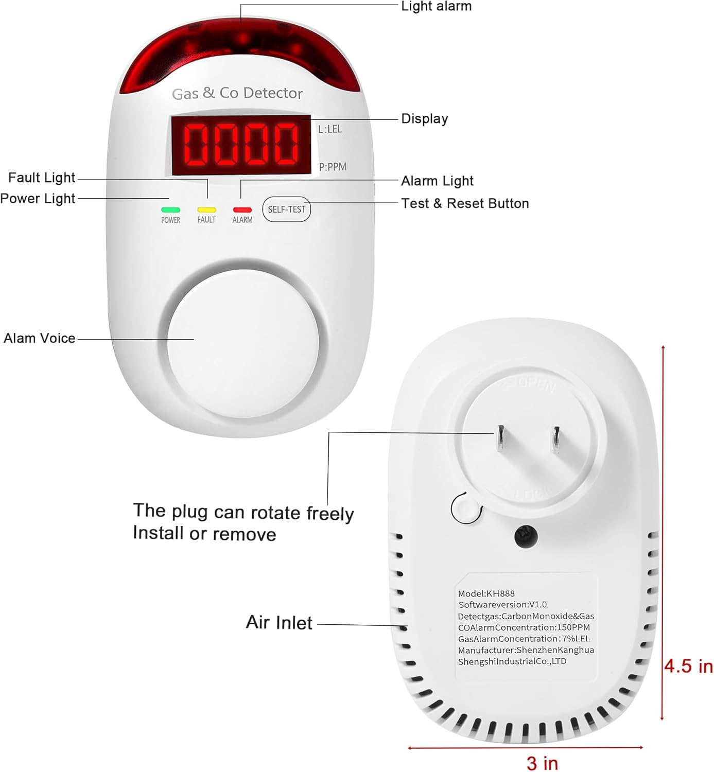 3 Packs Combination Gas & Carbon Monoxide Detectors, Plug in Natural Gas Detector & Carbon Monoxide Alarm, CO Detector Alarm & Propane, Methane, Explosive Gas Detector for Home,RV,Easy to Install - Image 2