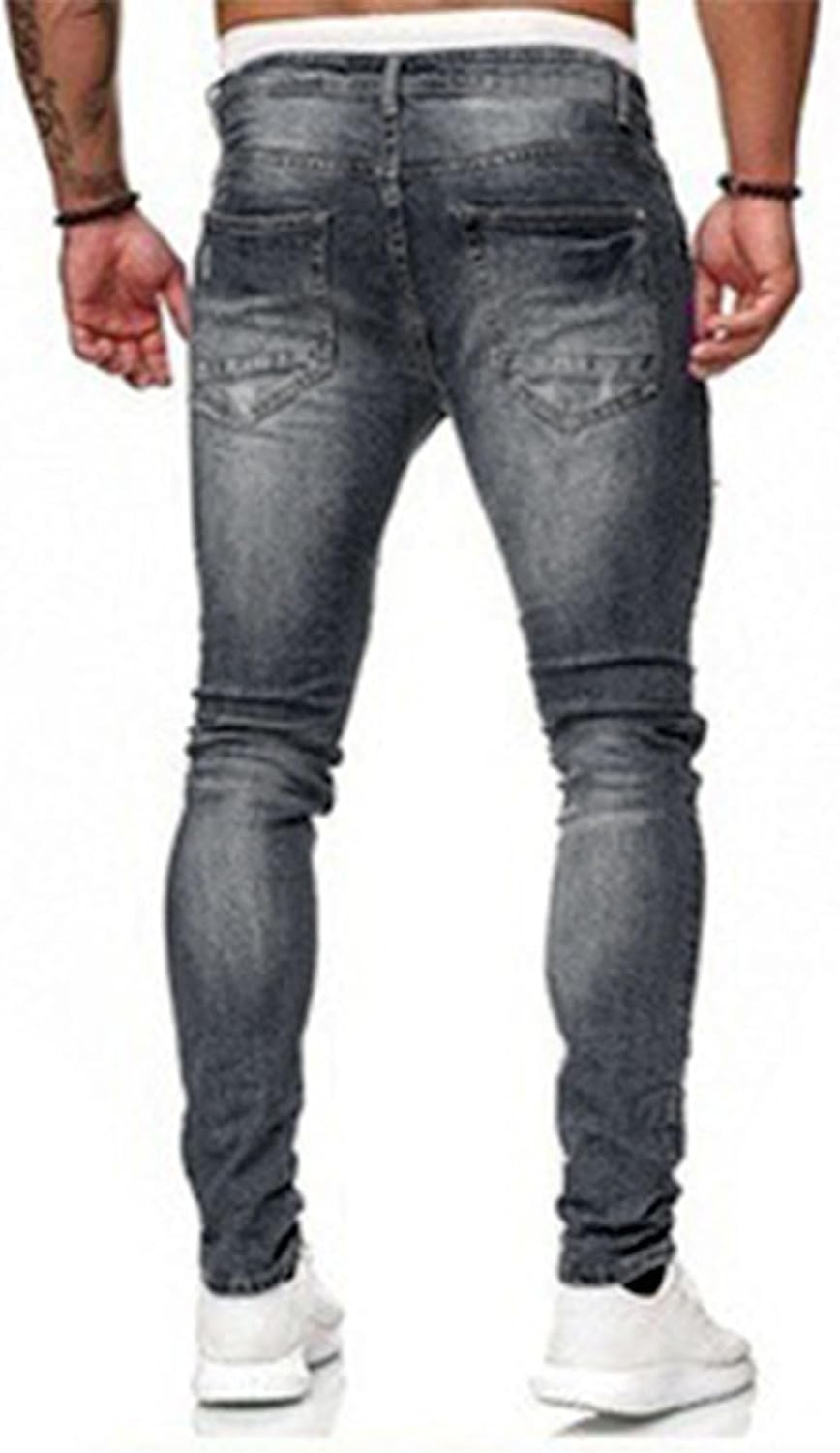 HUNGSON Men's Blue Slim Fit Jeans Stretch Destroyed Ripped Skinny Jeans Side Striped Denim Pants - Image 3