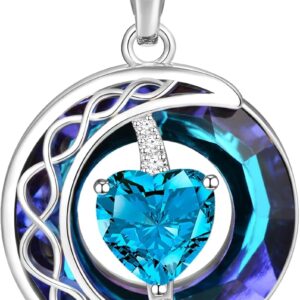LIANYU Necklace for Womens Blue Sapphire Necklace Moon Pendant S925 Sterling Silver Crystal Jewelry for Women Pendant Birthday Gifts for Wife Gifts Valentine Anniversary
