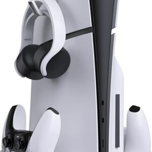 Stand with Dual Controller Charger for PS5 Slim – Vertical Console Stand with Headset Hook for PlayStation 5 – Cool RGB Lights – Efficient Charging – Charging Station for Dualsense and Edge Gamepad