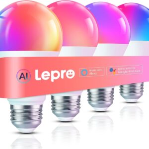 Lepro B1 AI Smart Light Bulbs – WiFi & Bluetooth RGBWW Color Changing LED Bulb Works with Alexa & Google Assistant, Personalized Al Lighting Designer, AI Voice Control, Music Sync, 2.4GHz Only, 4 Pack