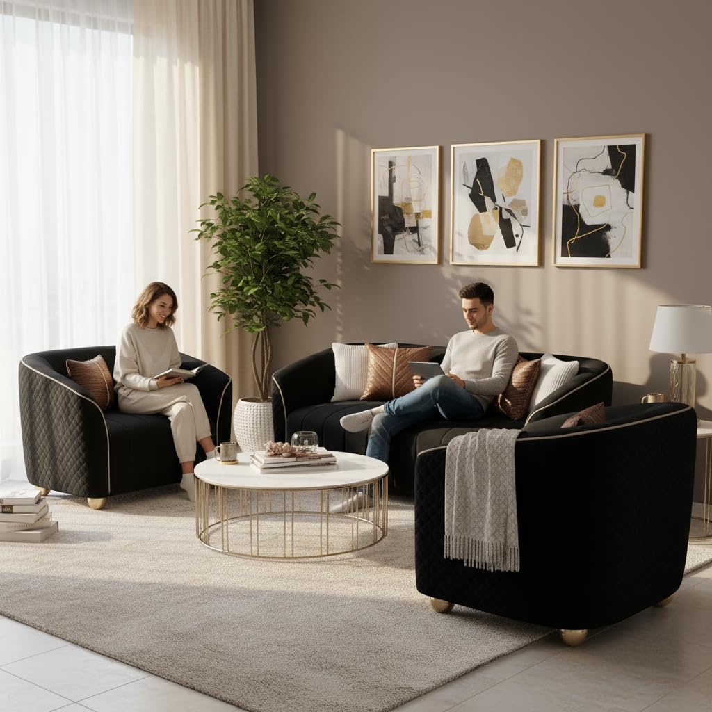 3-Piece Velvet Sofa Set - 85" 3-Seater Sofa & 2 Upholstered Armchairs, Modern Plush Spring Cushions, Solid Wood Frames, Spacious Deep Seats for Family Room & Office (Black, 1S+1S+3S) - Image 3