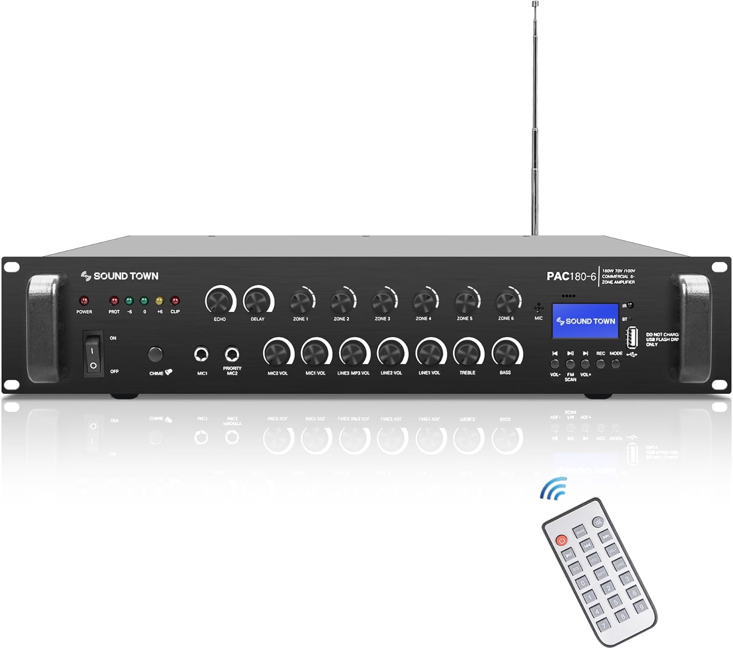 Sound Town Commercial Restaurant Bluetooth Amplifier + Surface-Mount Speaker Set, with One 6-Zone 70V/100V Amplifier with Bluetooth, 4 x 6.5-Inch Surface-Mount Speakers, Black (PAC180X4MS6B) - Image 2