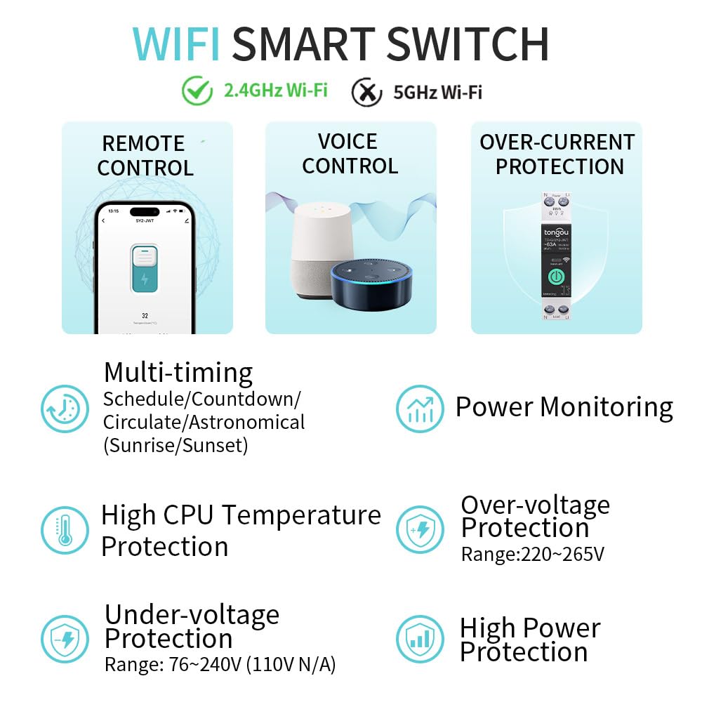 Smart Home DIN Rail WiFi Switch, 1P+N 1‑63A, Over-Current Protection, Tuya/Smart Life Remote Control, Voice Control via Alexa &Google Assistant, Energy Monitor, Timer Functions, FCC Certified - Image 2