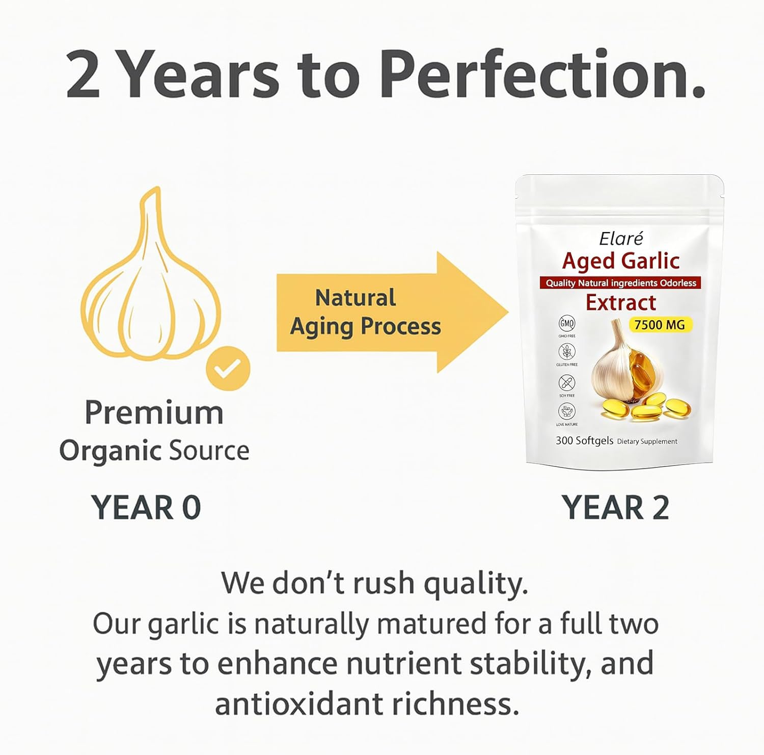 Elare Aged Garlic Extract – 300 Count 7500mg Odorless Organic Garlic Supplement for Heart & Immune Support – Vegetarian, Non-GMO, All-Natural Softgels, 2-Year Matured for Antioxidant Wellness (1) - Image 2