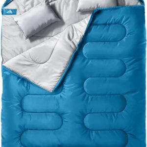 MEREZA Double Sleeping Bag for Adults Mens with Pillow, XL Queen Size Two Person Sleeping Bag for All Season Camping Hiking Backpacking 2 Person Sleeping Bags for Cold Weather & Warm