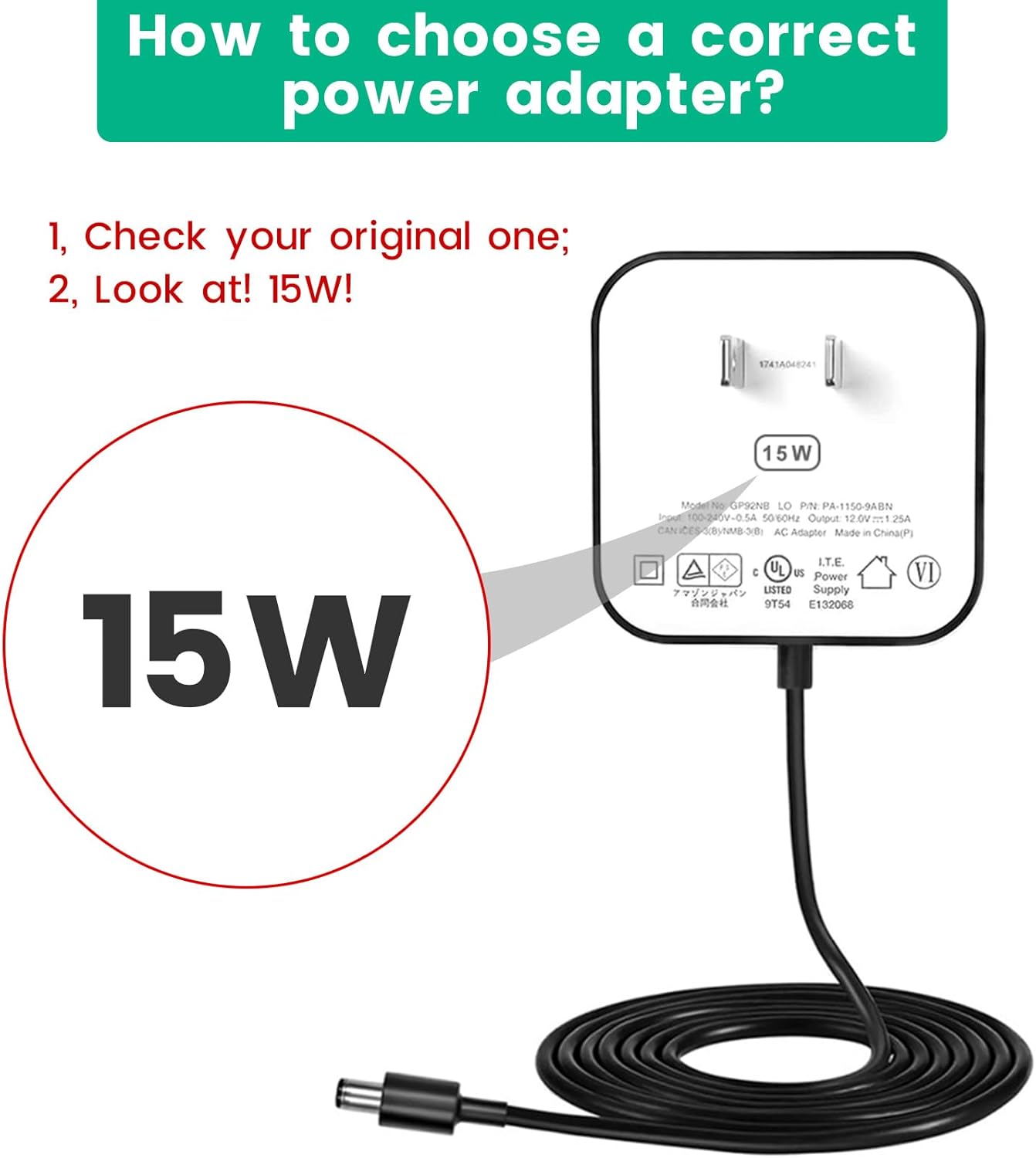 15W Power Cord Adapter for Echo Spot Smart Clock & Pop Smart Speaker - Black Wall Charger Plug Long Cable, 5ft - Image 3