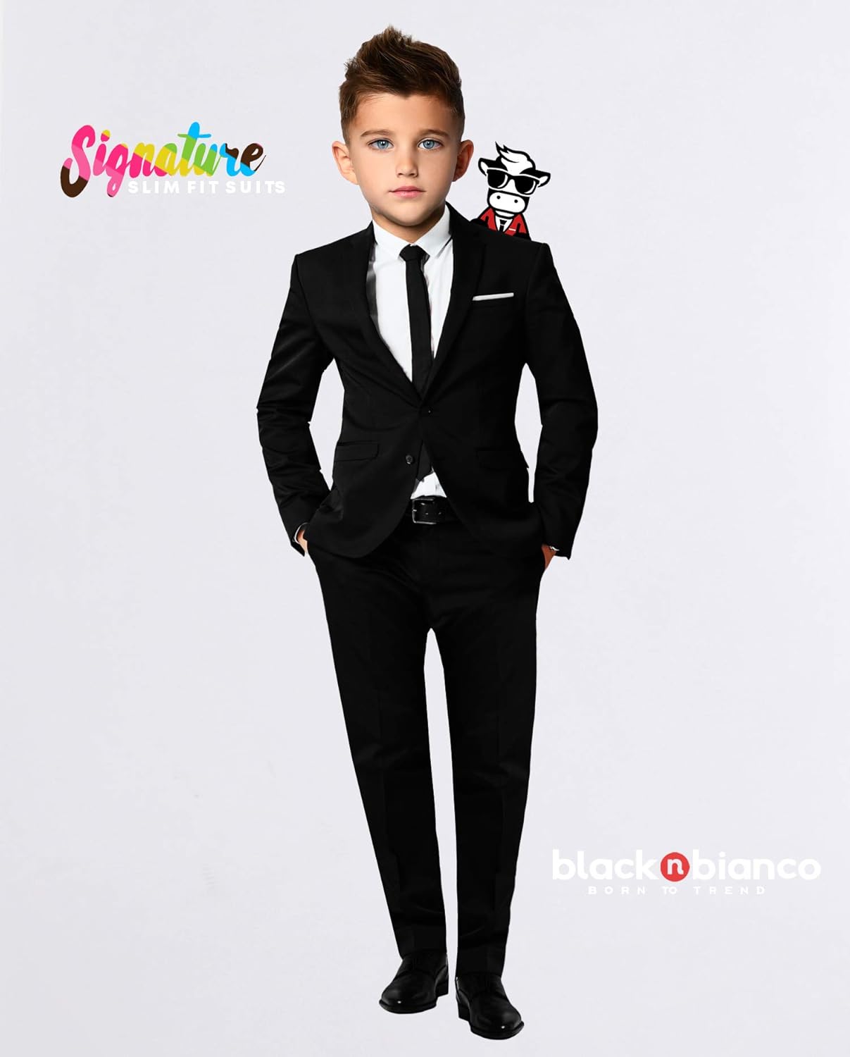 Black n Bianco Signature Boys' Slim Fit Suit Complete Outfit - Image 3