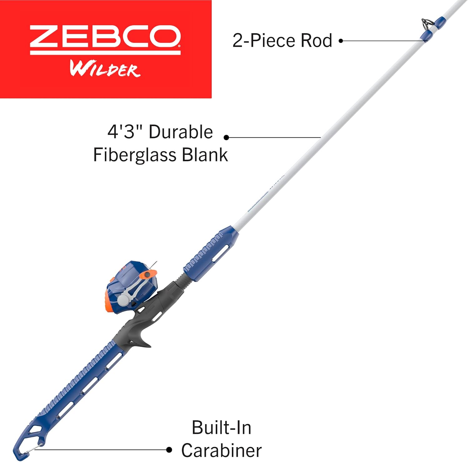 Zebco Wilder Fishing Reel and Rod Combo, 4'3" Durable Fiberglass Rod with Built-In Carabiner, Patented No-Tangle Reel, Pre-Spooled with 6-Pound Zebco Cajun Fishing Line, Blue/Orange - Image 2