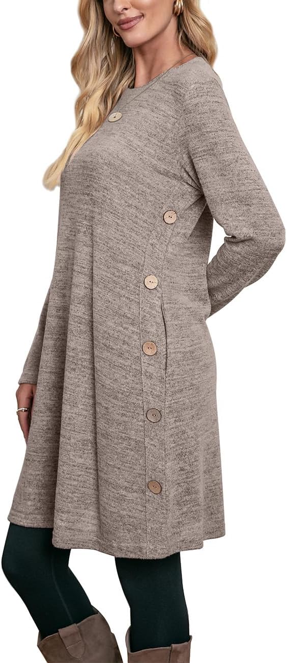 OFEEFAN Long Sleeve Dress for Women Crew Neck Tunic Dress with Pockets Buttons Side - Image 2