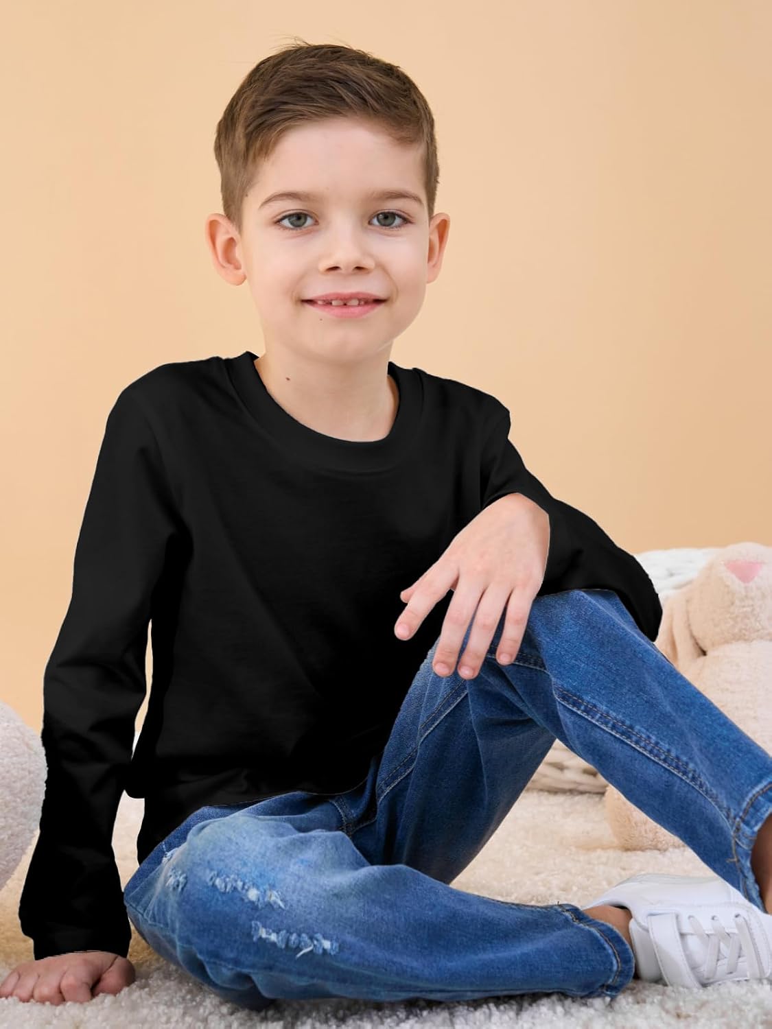 Toddler Boys Long Sleeve Shirt Cotton Crewneck Tees Kids Winter T Shirts Baby Solid Color Tops, 2T-5T - Image 4