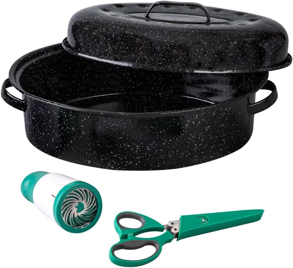 Granite Ware 4-Piece 18-in Roasting Set w/Lid, Enameled Steel, Speckled Black